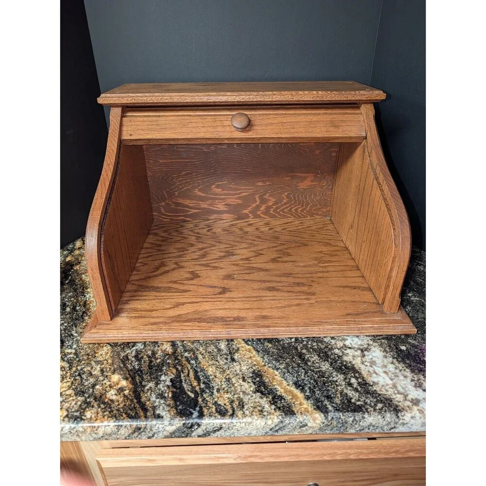 VTG Oak Roll Top Bread Box Country Kitchen Countertop Storage 19.75×17.25×12.5